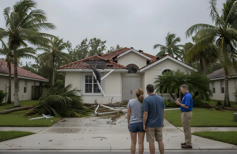 Home with hurricane storm damage as homeowners meet with an insurance adjuster in Florida