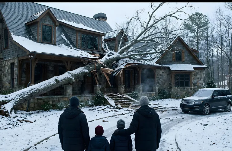 Winter storm damage to a home with downed tree and roof damage as a homeowner meets with a public adjuster